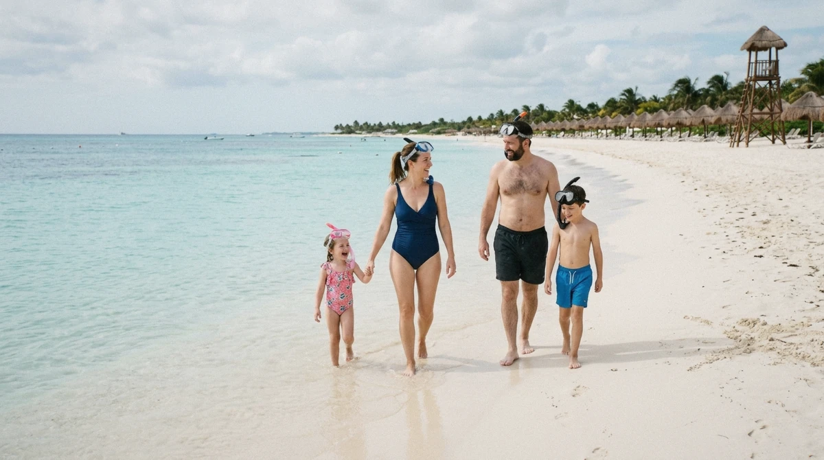 Family with two children wading from a white sand beach into calm turquoise shallow water